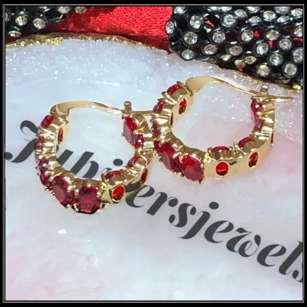 New 14k Gold Red Ruby Stone Huggie Earrings